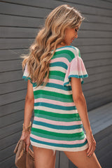 Women's Cute Green Striped Ruffle Short Sleeve Knit Top