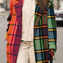 Long-Sleeved Color-Block Plaid Printed Woolen Coat
