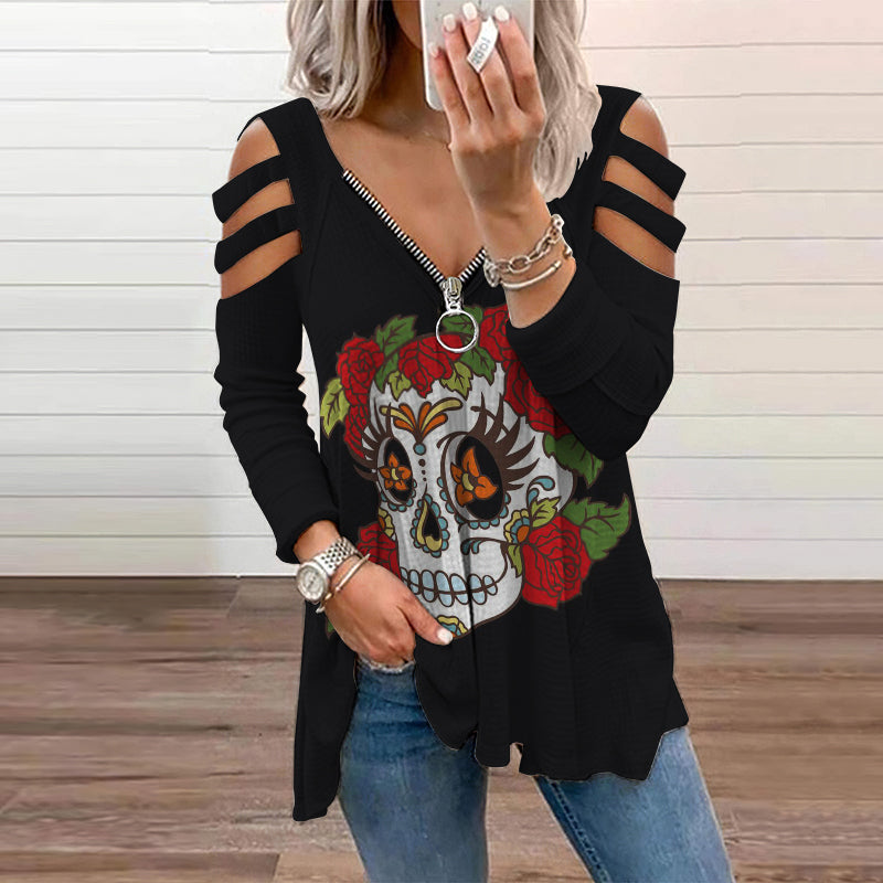 Rose Skull Print Cutout T-Shirt
