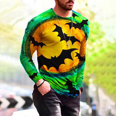 Crew Neck Halloween Bat Print Long Sleeve T-Shirt