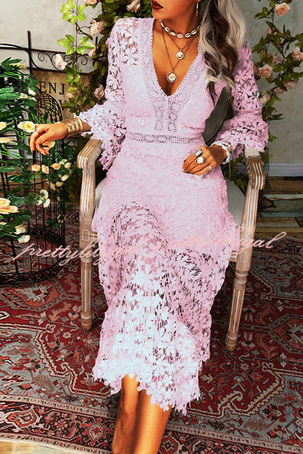 For The Love of Lace Flower Pattern Patchwork Bell Sleeve Midi Dress
