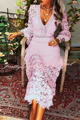 For The Love of Lace Flower Pattern Patchwork Bell Sleeve Midi Dress