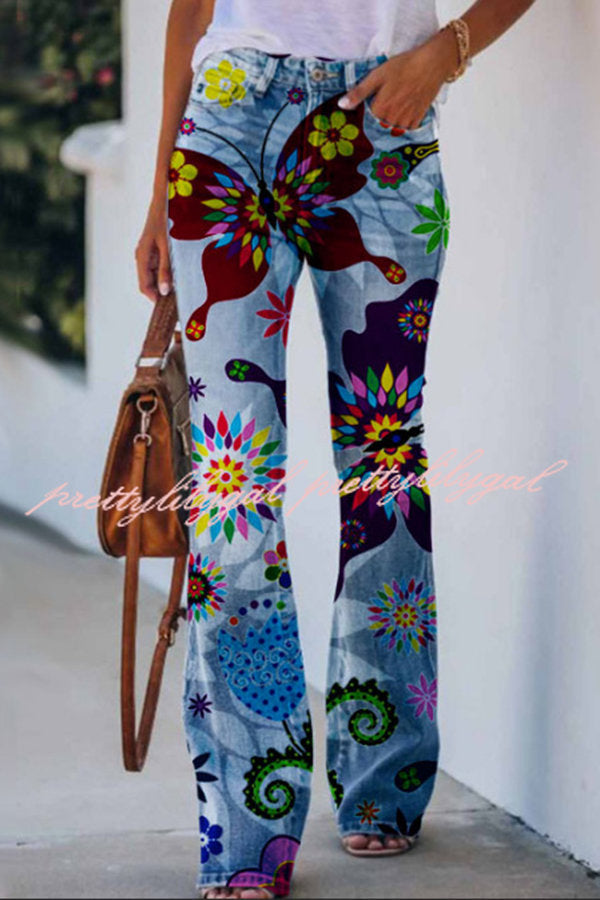 On A Drive Printed Faux Denim High Rise Flare Pants