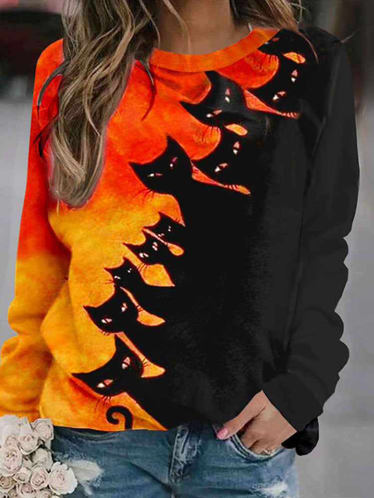 Halloween Contrast Cat Print Crew Neck Sweatshirt