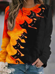 Halloween Contrast Cat Print Crew Neck Sweatshirt