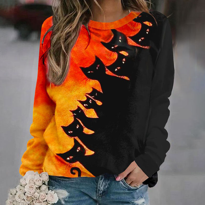 Halloween Contrast Cat Print Crew Neck Sweatshirt