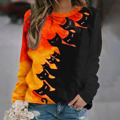 Halloween Contrast Cat Print Crew Neck Sweatshirt