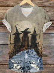 Women's Witches Print V Neck T-Shirt