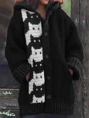 Black & White Cats Knit Cozy Hooded Cardigan