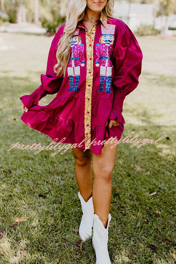Nutcracker Sequined Button Down Long Sleeve Mini Dress