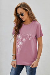 Women's Pink Crew Neck Dandelion Print Short Sleeve T-shirt
