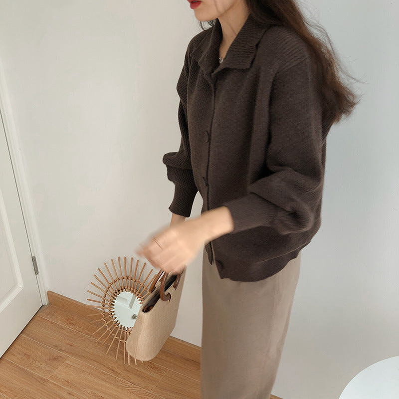 High-Necked Thick Loose Western-Style Knitted Cardigan
