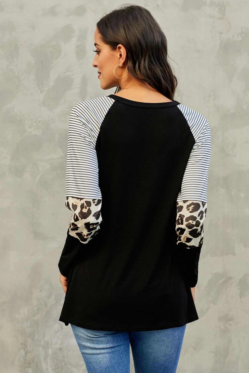 Women's Black Striped and Leopard Color Block Long Sleeves Top