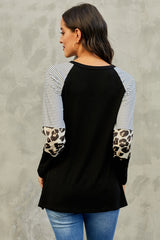 Women's Black Striped and Leopard Color Block Long Sleeves Top