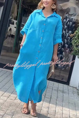 Linen Blend Solid Color Long Sleeve Buttoned Loose Pockets Maxi Dress