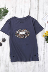 Women's Navy Leopard Lip Distressed Cotton Short Sleeve Tee