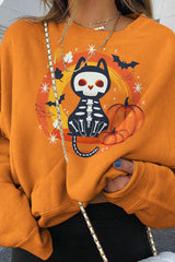Cat Bat Pumpkin Print Crew Neck Sweatshirt