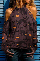 Halloween Cat Print Off-The-Shoulder T-Shirt