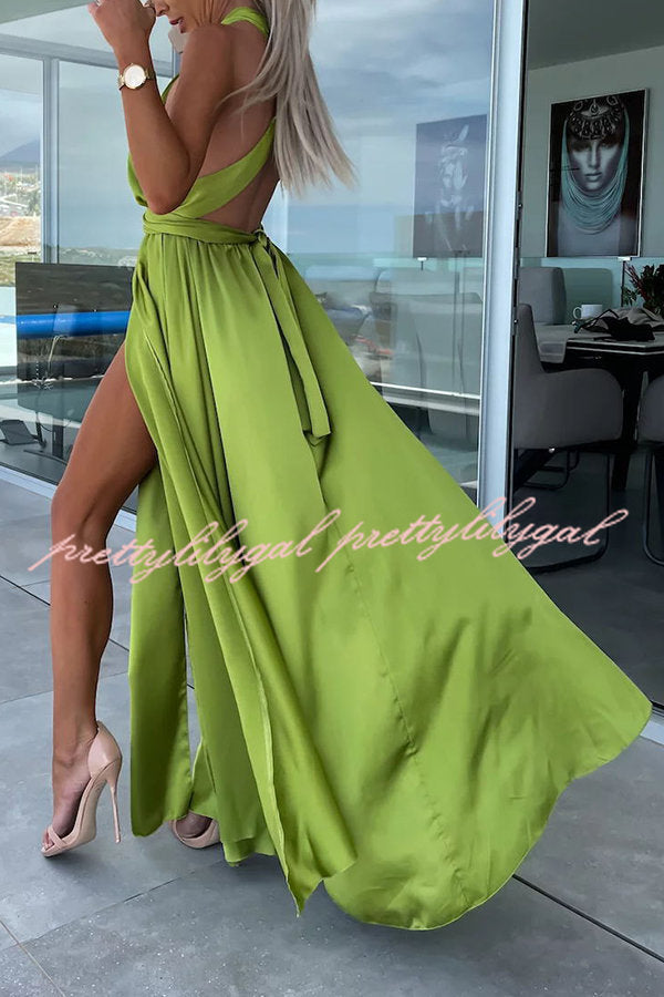 Different Elegant Effects Satin Free Tie Neck Slit Maxi Dress