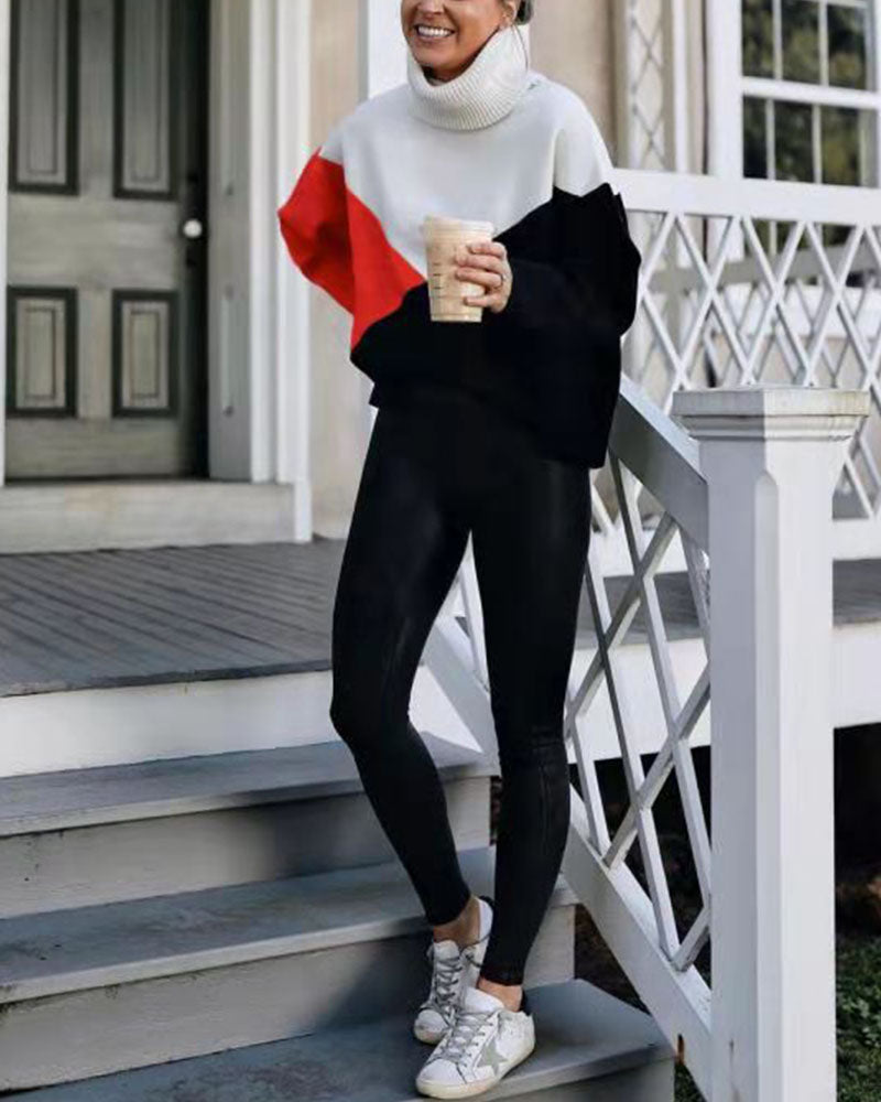 Women's autumn and winter stitching plaid loose sweater