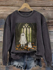 Halloween Ghost And Cat Print Sweatshirt