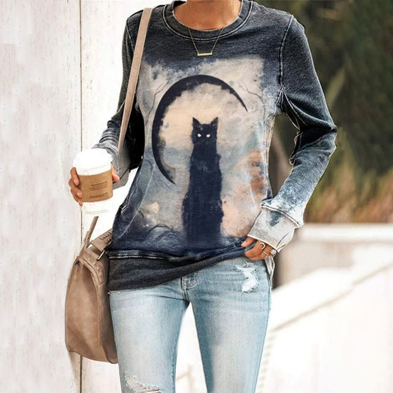Halloween Vintage Cat Print Sweatshirt