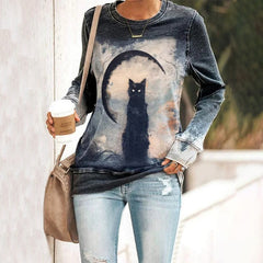 Halloween Vintage Cat Print Sweatshirt
