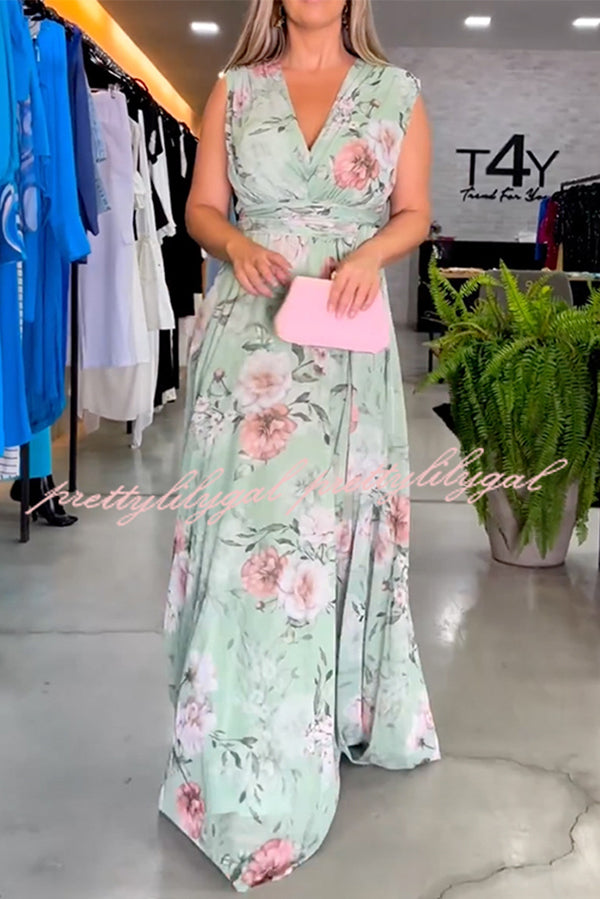 Floral Print V-neck Lace-up Maxi Dress