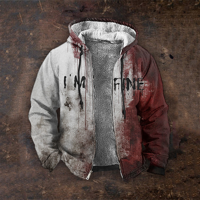 Vintage Bloody I AM FINE Printed Casual Zipper Hoodie Sweatshirt