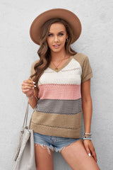 Women's Multicolor Stripe Print V Neck Short Sleeve Knitted Top