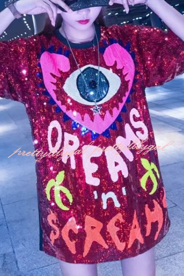 Love Eyes Letters Sequined Round Neck Short Sleeve Mid-Length Loose T-Shirt