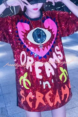 Love Eyes Letters Sequined Round Neck Short Sleeve Mid-Length Loose T-Shirt