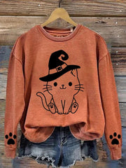 Halloween Witch Hat Cat Printed Sweatshirt