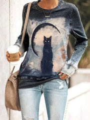 Halloween Vintage Cat Print Sweatshirt