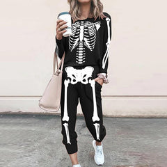 Halloween Hooded Skull Long Sleeve T-Shirt Two Piece Set