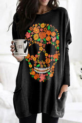 Casual Tagetes Erecta Skull Print Tunic