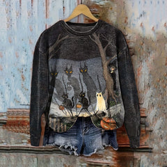 Halloween Black Cat Print Casual Crew Neck Sweatshirt