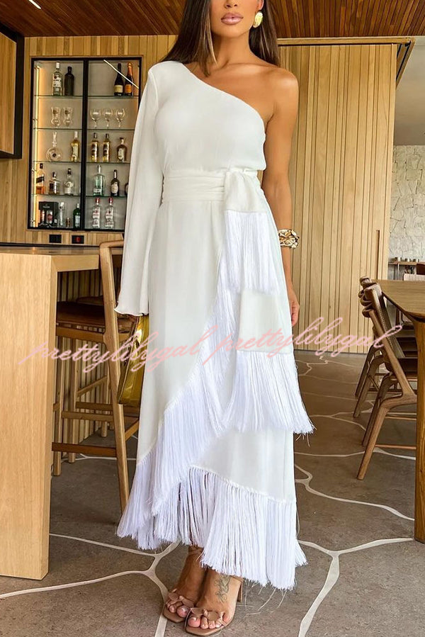 Solid Color One-sleeve Waisted Lace-up Fringed Hem Elegant Maxi Dress