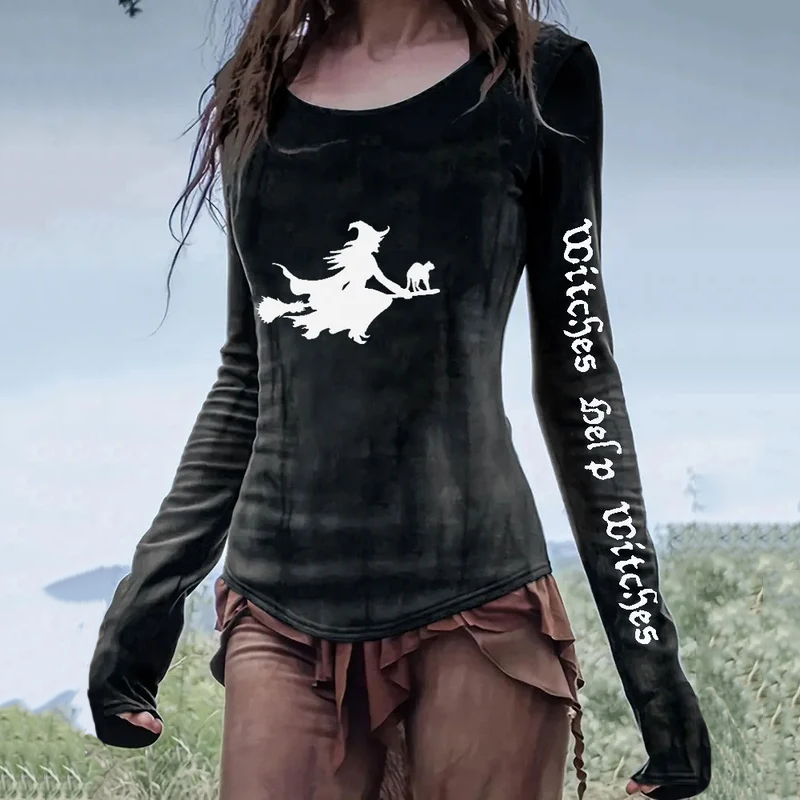 Women's Witch Cat Witches Help Witches Print Tops