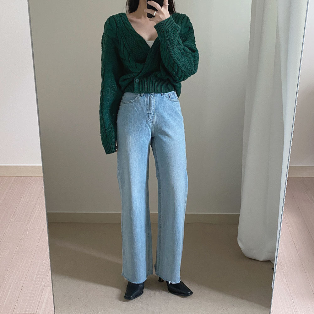 V-Neck Sweater Cropped Linen Pattern Knit Sweater