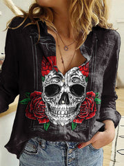 Day Of The Dead Print Long Sleeve Casual Shirt