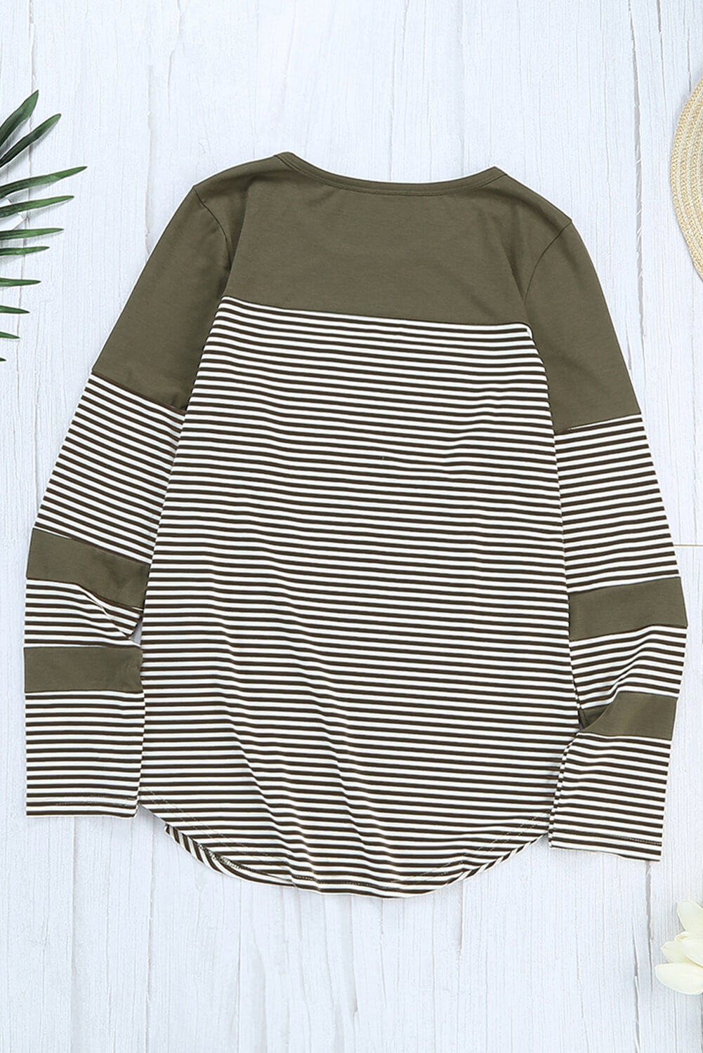 Women's Green Pinstripe Patch Pocket Long Sleeve Top