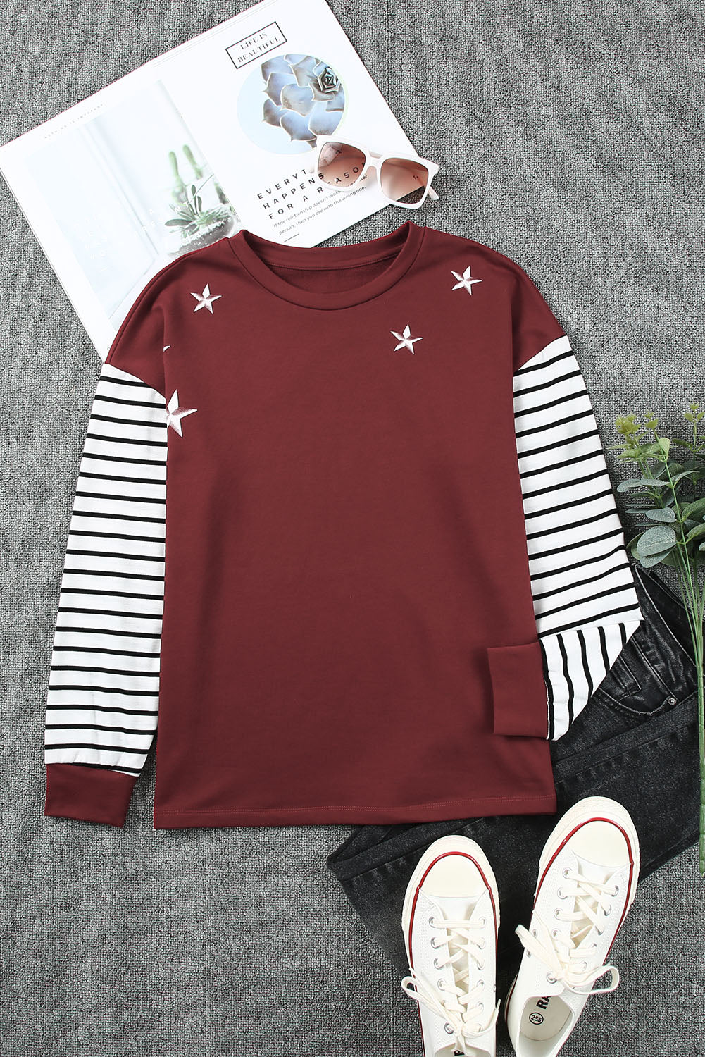 Women's Red Striped Star Long Sleeve Top