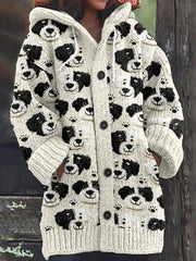 Dog Print Long Sleeve Knitted Hooded Cardigan