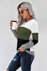 Women's Green Stylish Colorblock Splicing Stripes Long Sleeve Top