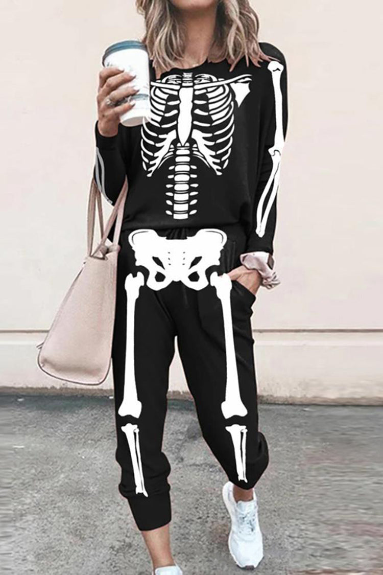 Halloween Hooded Skull Long Sleeve T-Shirt Two Piece Set