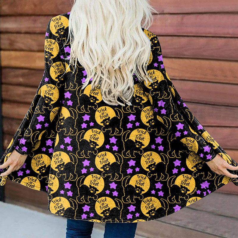 Halloween Cat Print Long Sleeve Cardigan