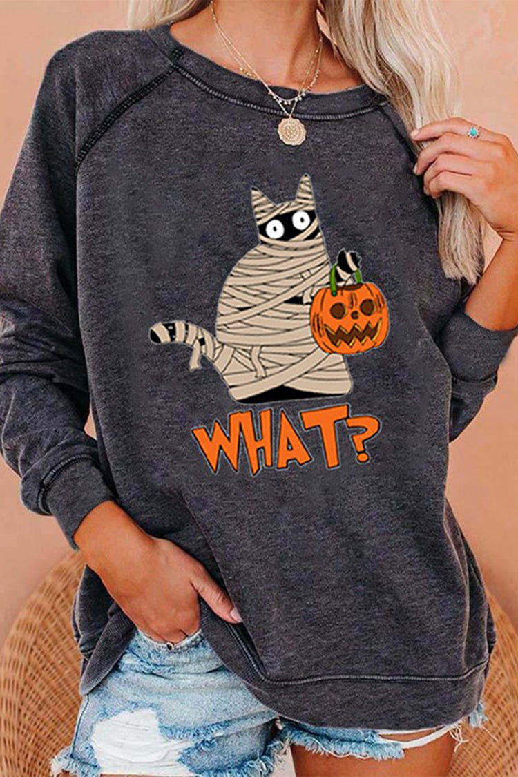 What Cat Print Crew Neck Casual Sweatshirt