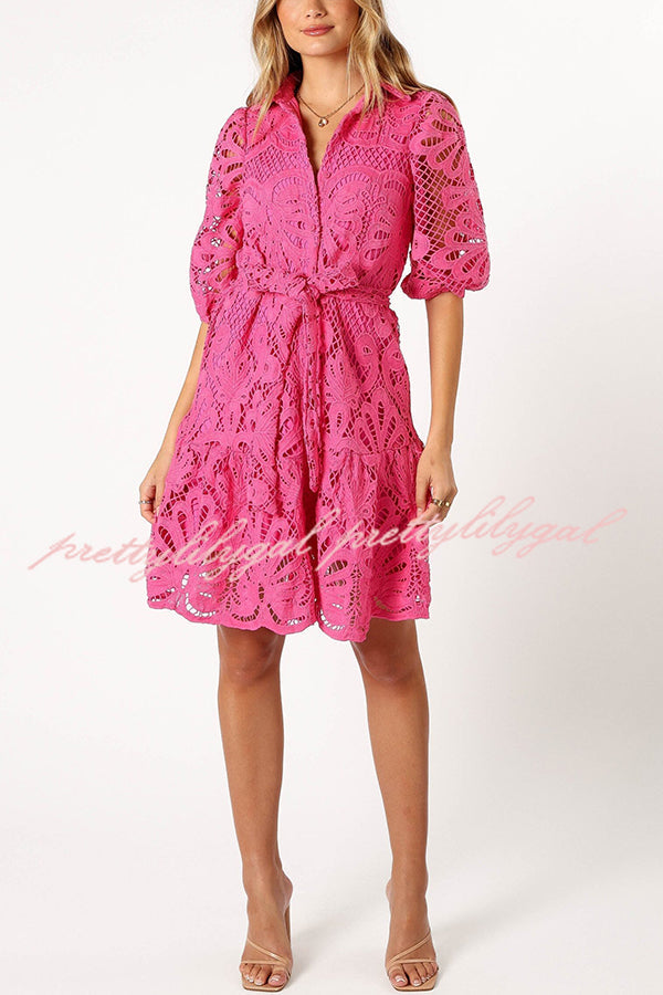 Solid Color Lace Cutout Balloon Sleeves and Waist Tie Mini Dress