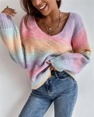 Irregular Gradient Rainbow V-Neck Knit Sweater